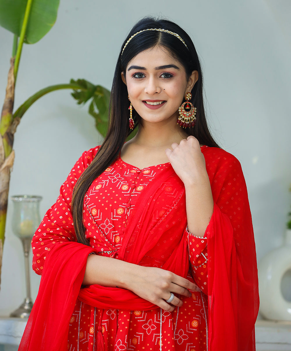 Kaajh Woman's Red Bandhej Cotton Paplum Kurta Sharara With Dupatta | Grocsy