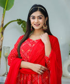 Kaajh Woman's Red Bandhej Cotton Paplum Kurta Sharara With Dupatta | Grocsy