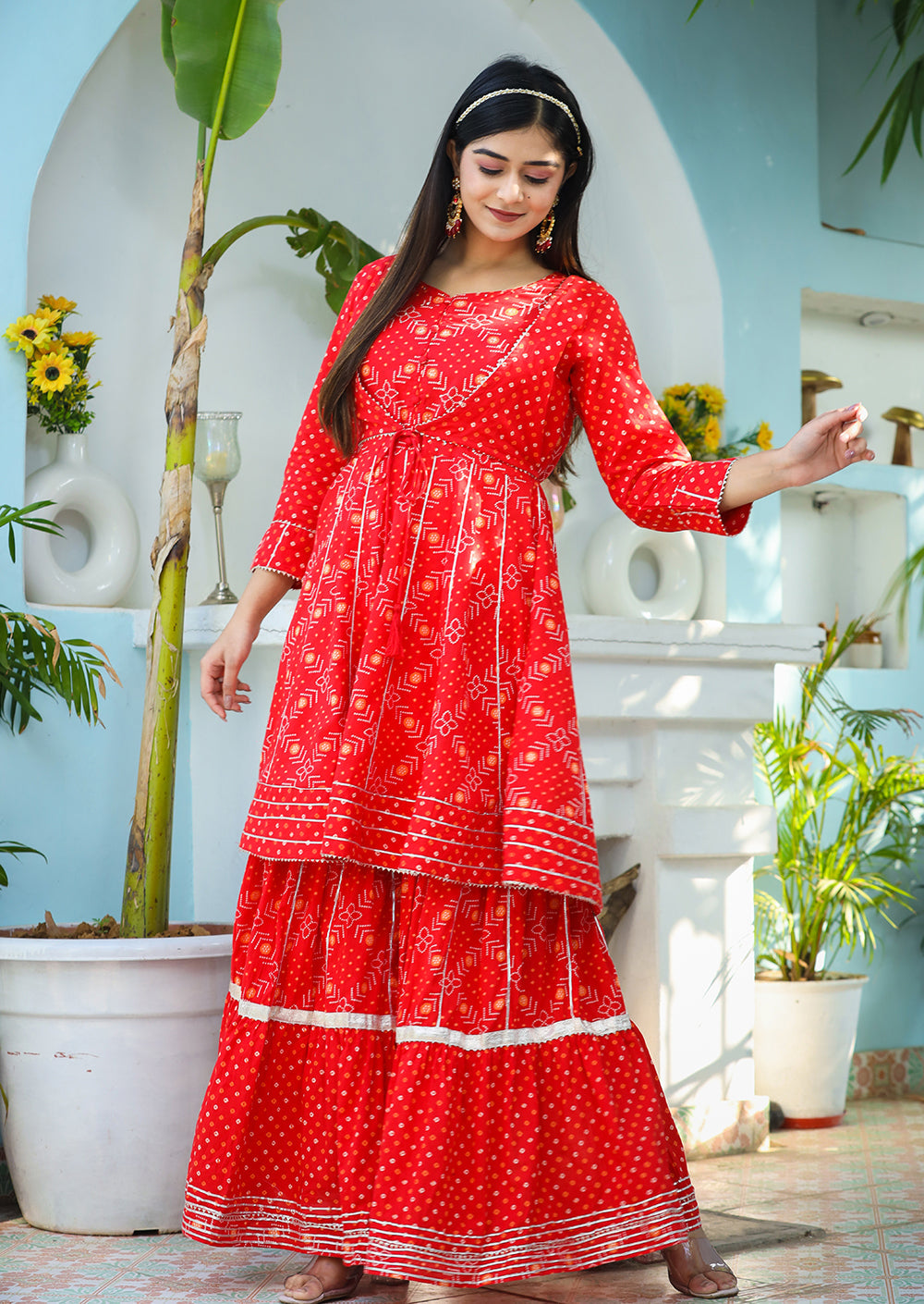 Kaajh Woman's Red Bandhej Cotton Paplum Kurta Sharara With Dupatta | Grocsy