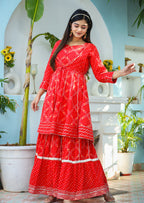 Kaajh Woman's Red Bandhej Cotton Paplum Kurta Sharara With Dupatta | Grocsy