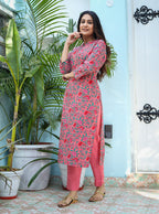 Kaajh Woman's Pink Floral Print Cotton Kurta Pant Set | Grocsy