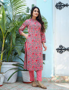Kaajh Woman's Pink Floral Print Cotton Kurta Pant Set | Grocsy