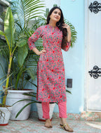 Kaajh Woman's Pink Floral Print Cotton Kurta Pant Set | Grocsy