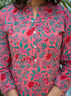 Kaajh Woman's Pink Floral Print Cotton Kurta Pant Set | Grocsy