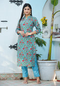 Kaajh Woman's Green Floral Print Cotton Kurta Pant Set | Grocsy