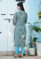 Kaajh Woman's Green Floral Print Cotton Kurta Pant Set | Grocsy