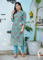 Kaajh Woman's Green Floral Print Cotton Kurta Pant Set | Grocsy