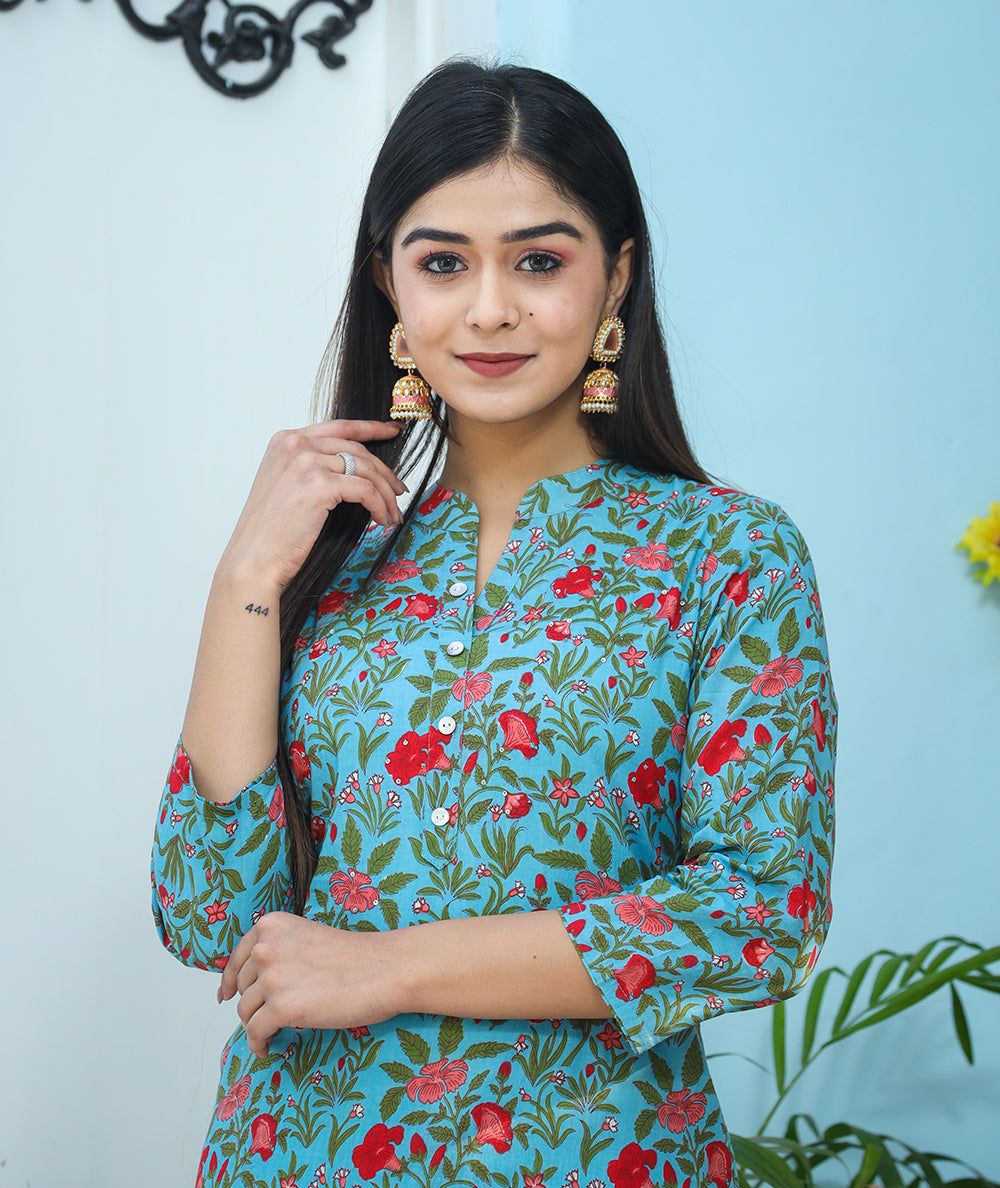 Kaajh Woman's Green Floral Print Cotton Kurta Pant Set | Grocsy
