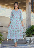 Kaajh Women's Sky Blue Floral Print Side Slit Cotton Kurta Pant Set | Grocsy