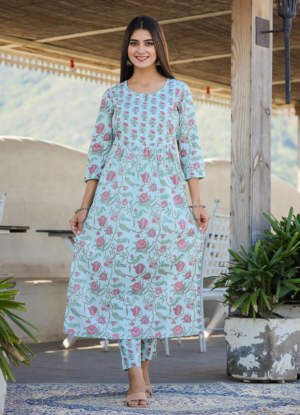 Kaajh Women's Sky Blue Floral Print Side Slit Cotton Kurta Pant Set | Grocsy
