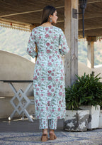 Kaajh Women's Sky Blue Floral Print Side Slit Cotton Kurta Pant Set | Grocsy