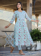 Kaajh Women's Sky Blue Floral Print Side Slit Cotton Kurta Pant Set | Grocsy