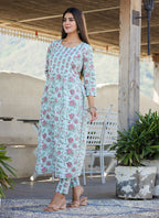 Kaajh Women's Sky Blue Floral Print Side Slit Cotton Kurta Pant Set | Grocsy