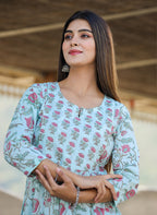 Kaajh Women's Sky Blue Floral Print Side Slit Cotton Kurta Pant Set | Grocsy