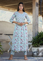 Kaajh Women's Sky Blue Floral Print Side Slit Cotton Kurta Pant Set | Grocsy