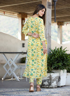 Kaajh Women's Yellow Floral Print Side Slit Cotton Kurta Pant Set | Grocsy
