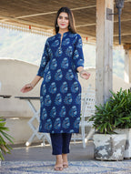 Kaajh Women's Blue Floral Print Cotton Kurta With Trouser | Grocsy