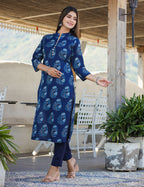 Kaajh Women's Blue Floral Print Cotton Kurta With Trouser | Grocsy