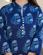 Kaajh Women's Blue Floral Print Cotton Kurta With Trouser | Grocsy