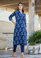 Kaajh Women's Blue Floral Print Cotton Kurta With Trouser | Grocsy