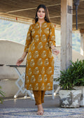 Kaajh Women's Mustard Floral Print Cotton Kurta Pant Set | Grocsy