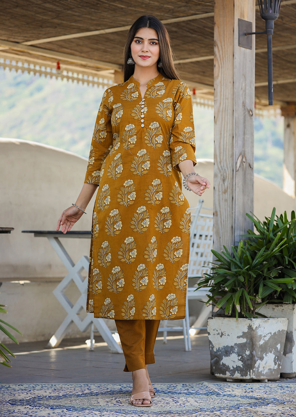 Kaajh Women's Mustard Floral Print Cotton Kurta Pant Set | Grocsy