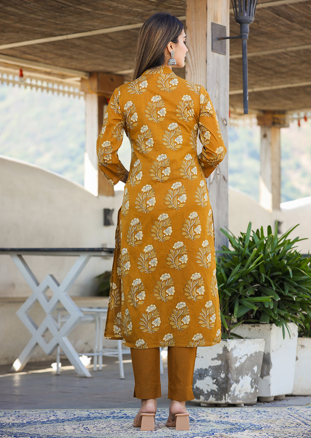 Kaajh Women's Mustard Floral Print Cotton Kurta Pant Set | Grocsy