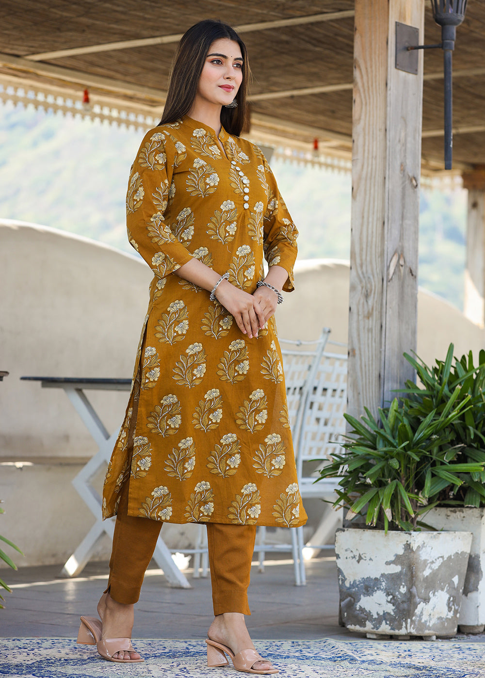 Kaajh Women's Mustard Floral Print Cotton Kurta Pant Set | Grocsy