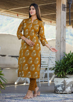 Kaajh Women's Mustard Floral Print Cotton Kurta Pant Set | Grocsy
