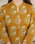 Kaajh Women's Mustard Floral Print Cotton Kurta Pant Set | Grocsy