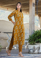 Kaajh Women's Mustard Floral Print Cotton Kurta Pant Set | Grocsy