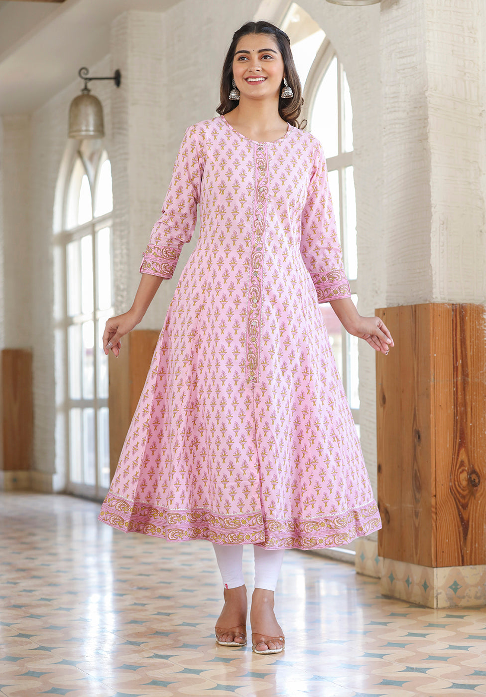Kaajh Pink Cotton Printed A-line Kurta | Grocsy