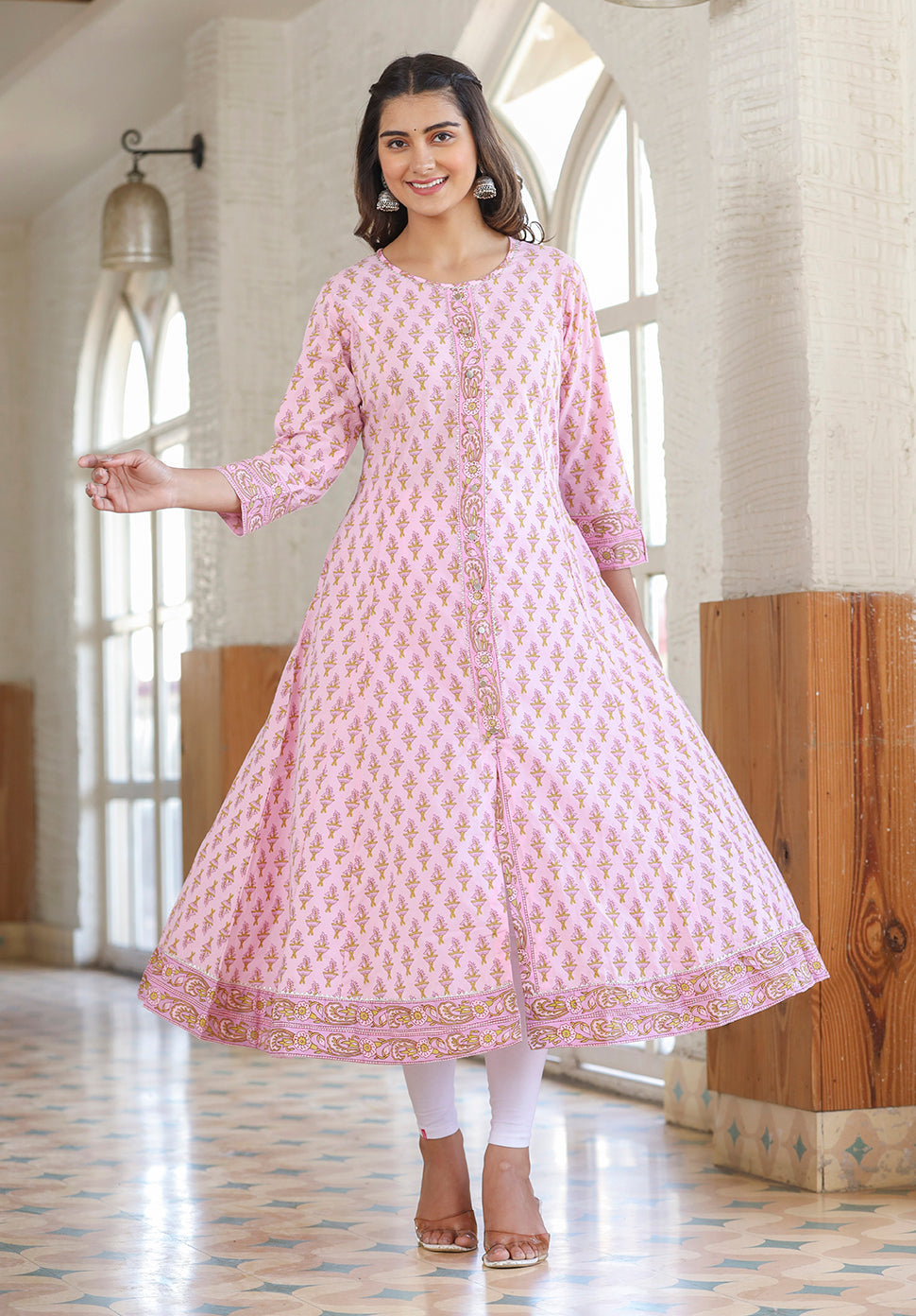 Kaajh Pink Cotton Printed A-line Kurta | Grocsy