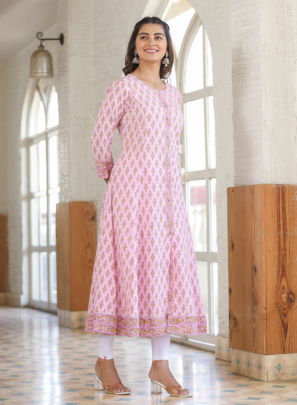 Kaajh Pink Cotton Printed A-line Kurta | Grocsy
