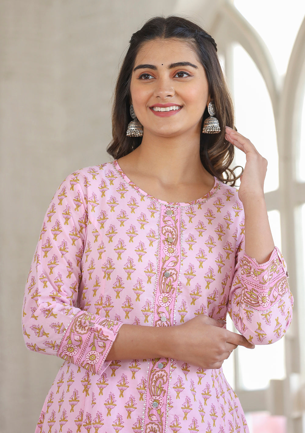 Kaajh Pink Cotton Printed A-line Kurta | Grocsy