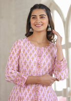 Kaajh Pink Cotton Printed A-line Kurta | Grocsy
