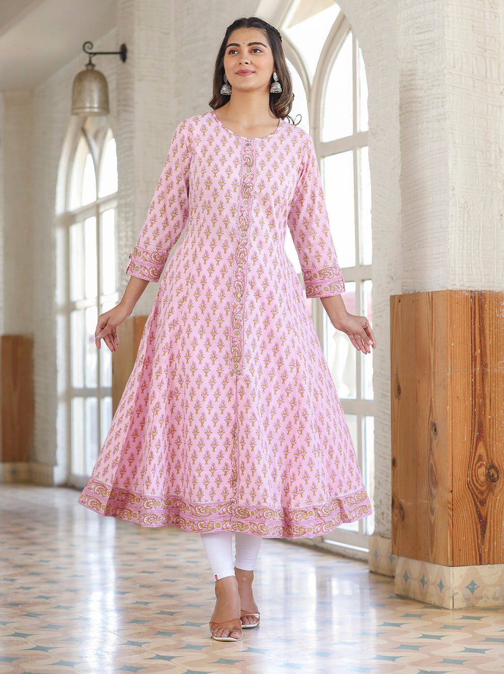Kaajh Pink Cotton Printed A-line Kurta | Grocsy