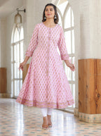 Kaajh Pink Cotton Printed A-line Kurta | Grocsy