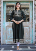 Kaajh Women's Rayon Printed Dark Olive Green Side Slit Long Ethnic Dress | Grocsy