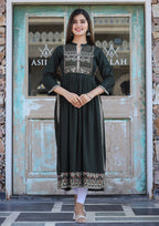 Kaajh Women's Rayon Printed Dark Olive Green Side Slit Long Ethnic Dress | Grocsy