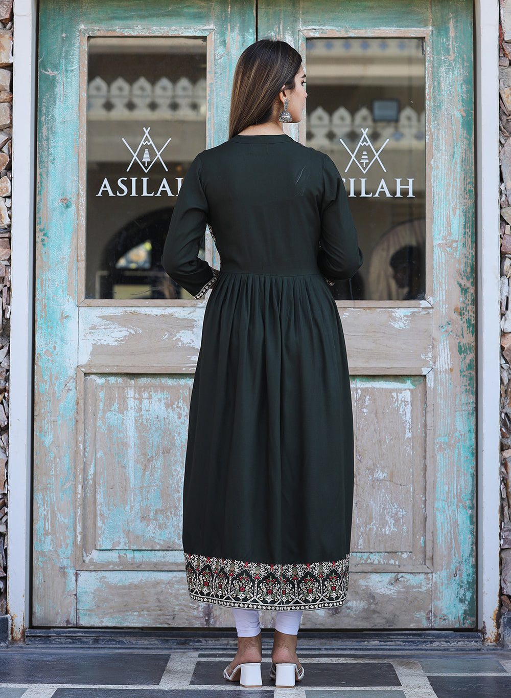 Kaajh Women's Rayon Printed Dark Olive Green Side Slit Long Ethnic Dress | Grocsy