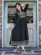 Kaajh Women's Rayon Printed Dark Olive Green Side Slit Long Ethnic Dress | Grocsy