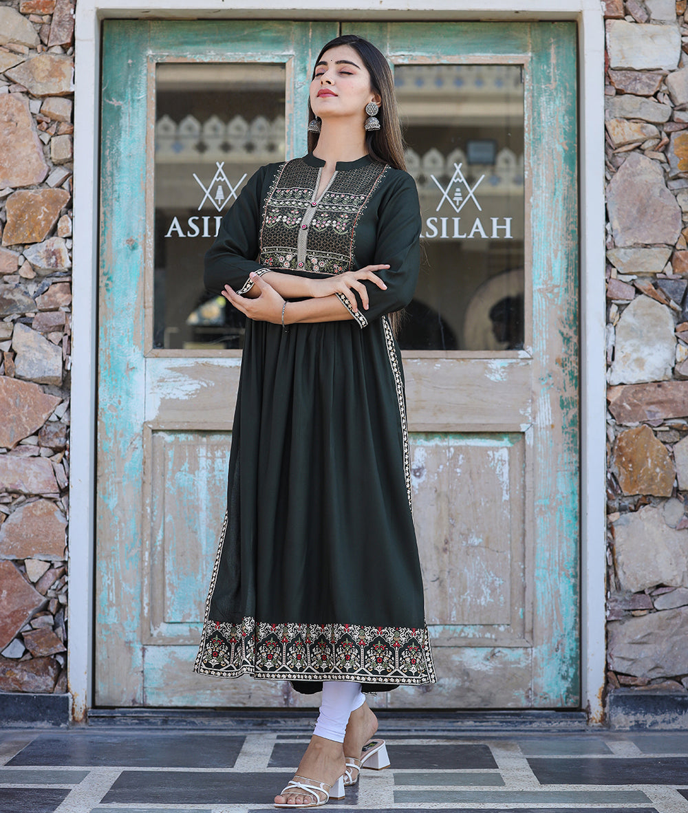 Kaajh Women's Rayon Printed Dark Olive Green Side Slit Long Ethnic Dress | Grocsy
