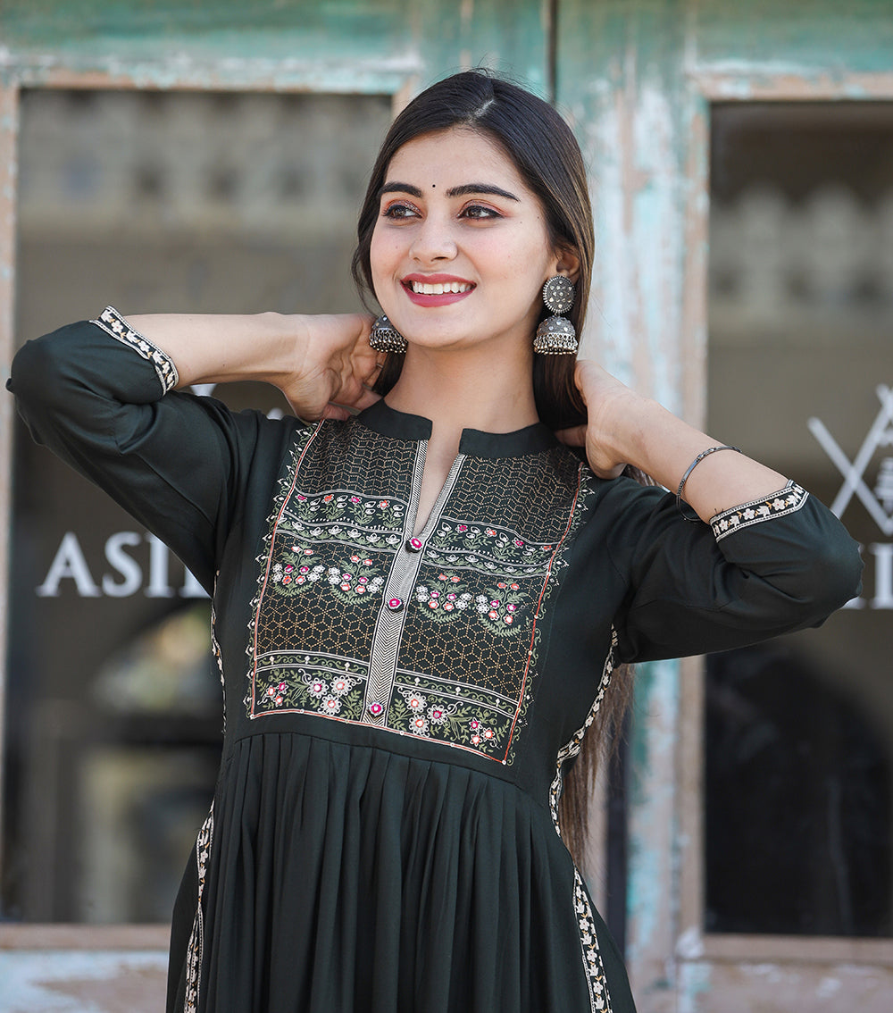Kaajh Women's Rayon Printed Dark Olive Green Side Slit Long Ethnic Dress | Grocsy
