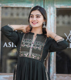 Kaajh Women's Rayon Printed Dark Olive Green Side Slit Long Ethnic Dress | Grocsy