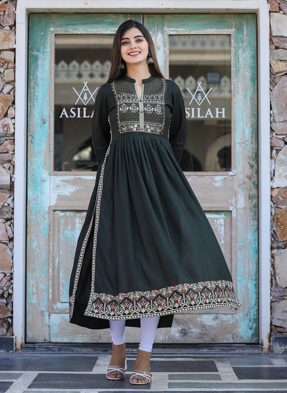 Kaajh Women's Rayon Printed Dark Olive Green Side Slit Long Ethnic Dress | Grocsy