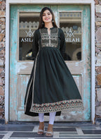 Kaajh Women's Rayon Printed Dark Olive Green Side Slit Long Ethnic Dress | Grocsy