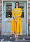 Kaajh Women's Rayon Printed Yellow Side Slit Long Ethnic Dress | Grocsy