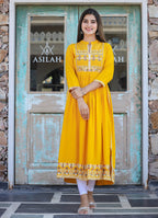 Kaajh Women's Rayon Printed Yellow Side Slit Long Ethnic Dress | Grocsy
