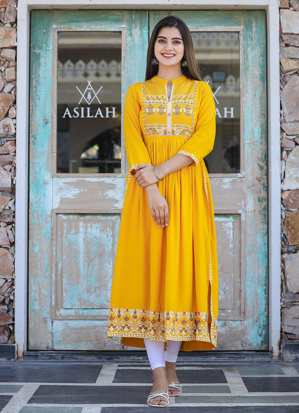 Kaajh Women's Rayon Printed Yellow Side Slit Long Ethnic Dress | Grocsy